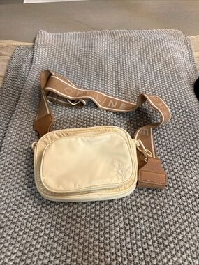 Cream Crossbody Belt Bag with Branded Brown Strap